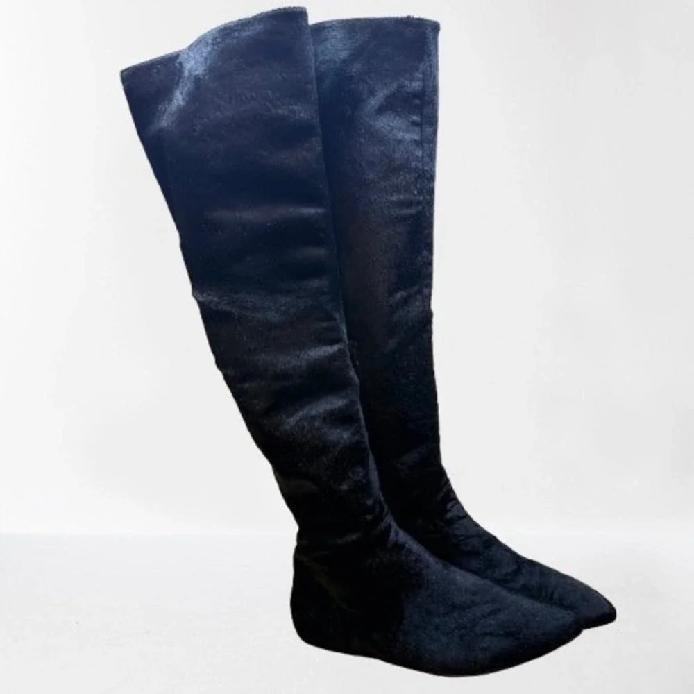 Leon Max Women's Black Pony Hair Leather Over The Knee Boots Pointed Toe Sz 5.5M
